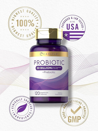 Carlyle Probiotics with Prebiotics | 120 Capsules | 50 Billion Active Organisms | Non-GMO & Gluten Free Supplement