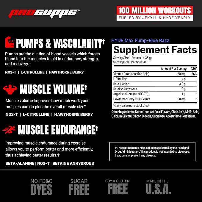 PROSUPPS Hyde Max Pump Pre Workout for Men and Women - Nitric Oxide Supplement for Pump and Endurance - Stimulant Free Pre Workout to Promote Blood Flow and Muscle Strength (Blue Razz, 20 Servings)