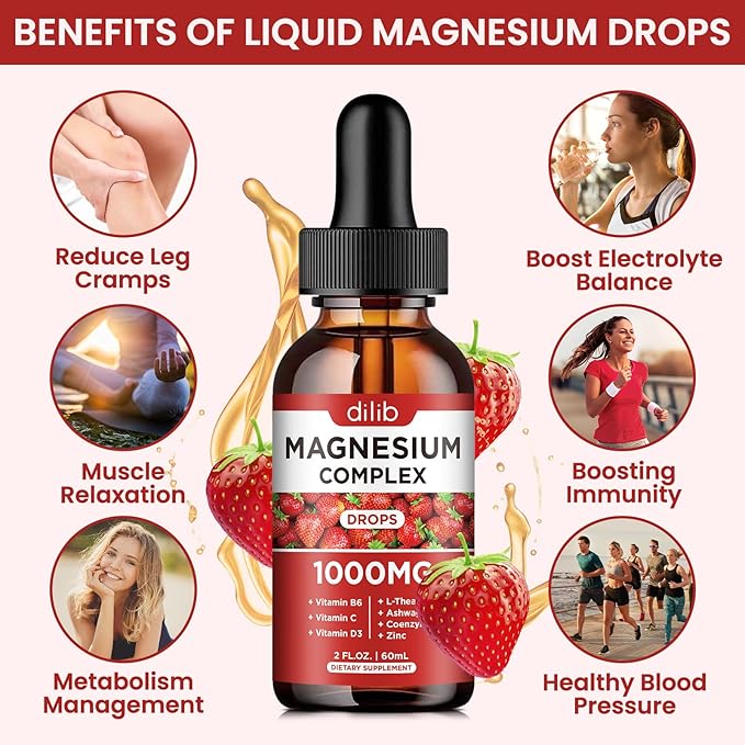 Triple Magnesium Complex Supplement, Magnesium Glycinate, Blend, Citrate Liquid Drops 1000mg with Ashwagandha, CoQ10, Vitamin B6, C, D, Zinc -Support Calm Stress Relief, Bone, Muscle, Mood Vegan