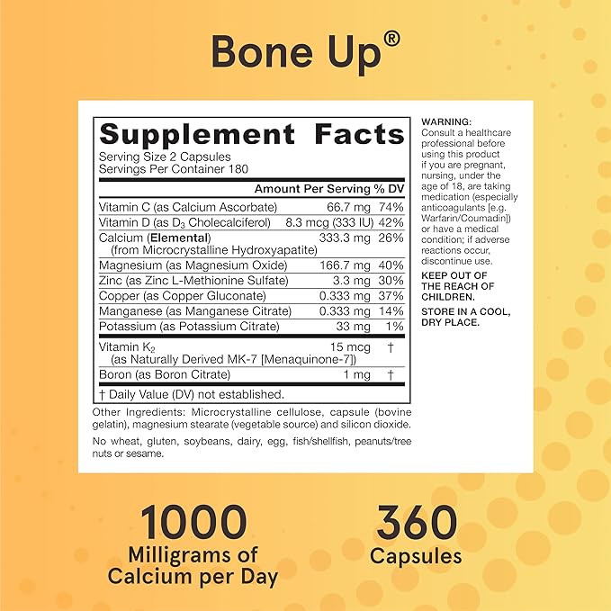 Jarrow Formulas BoneUp for Bone Density and Skeletal Nutrition, Includes Vitamin D3, K2 (as MK-7) and Calcium, 360 Capsules, Up to a 60 Day Supply