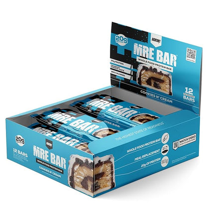 REDCON1 MRE Protein Bar, Cookies N' Cream - Contains MCT Oil + 20g of Whole Food Protein - Easily Digestible, Macro Balanced Low Sugar Meal Replacement Bar (12 Bars)
