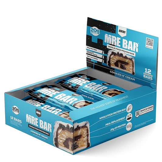 REDCON1 MRE Protein Bar, Cookies N' Cream - Contains MCT Oil + 20g of Whole Food Protein - Easily Digestible, Macro Balanced Low Sugar Meal Replacement Bar (12 Bars)
