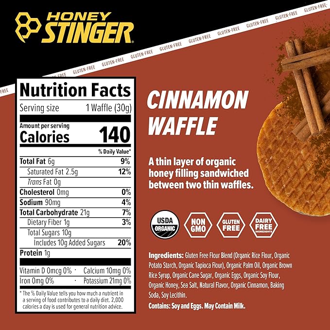Honey Stinger Organic Gluten Free Cinnamon Waffle | Energy Stroopwafel for Exercise, Endurance and Performance | Sports Nutrition for Home & Gym, Pre and Post Workout | Box of 16 Waffles, 19.2 Ounces
