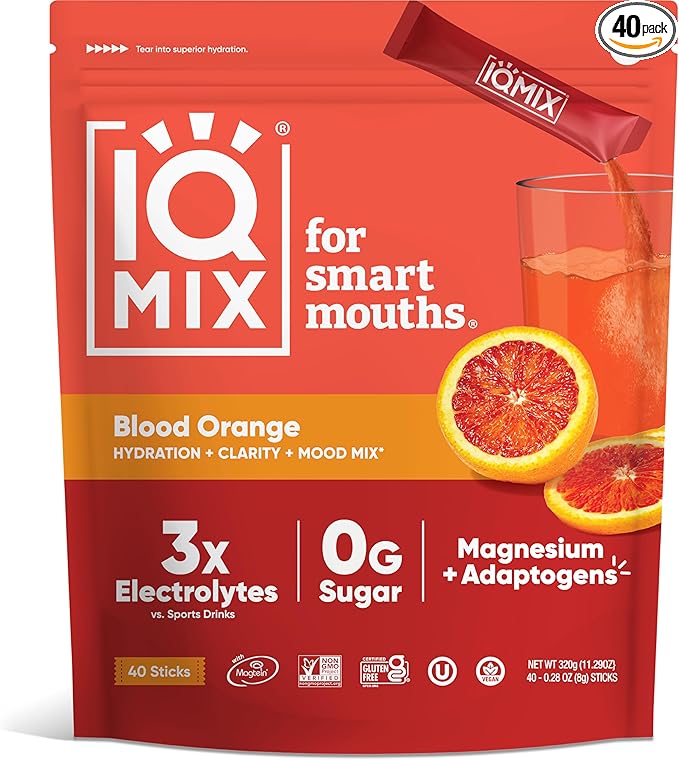 IQMIX Sugar Free Electrolytes Powder Packets - Hydration Supplement Drink Mix with Keto Electrolytes, Lions Mane, Magnesium L-Threonate, and Potassium Citrate - Blood Orange (40 Count)