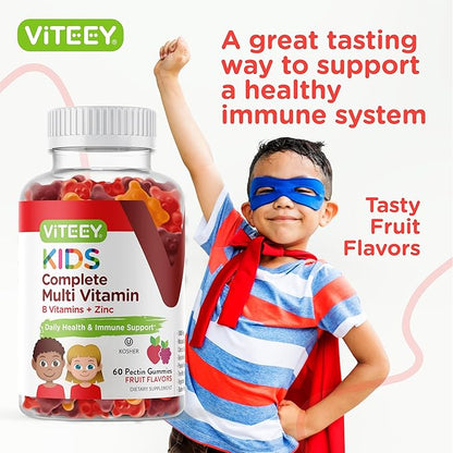 Kids Multivitamin Gummies, Complete Daily Essential Kids Vitamins - Great for Immune Support & Overall Health - 12 Essential Minerals & Vitamins - Vegetarian, Gelatin Free- Chewable Fruit Flavor Gummy