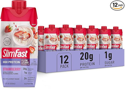 SlimFast Protein Shake, Strawberry- 20g Protein, Meal Replacement Shake Ready to Drink, High Protein with Low Carb and Low Sugar, 24 Vitamins and Minerals, 12 Count (Pack of 1) (Packaging May Vary)