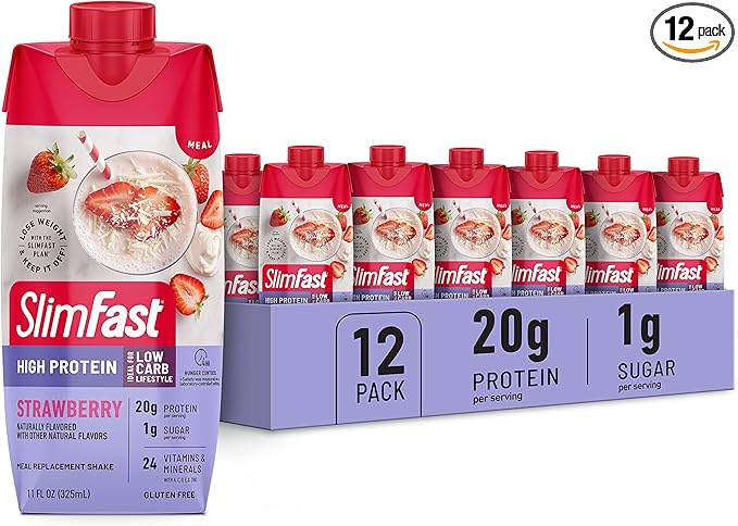 SlimFast Protein Shake, Strawberry- 20g Protein, Meal Replacement Shake Ready to Drink, High Protein with Low Carb and Low Sugar, 24 Vitamins and Minerals, 12 Count (Pack of 1) (Packaging May Vary)