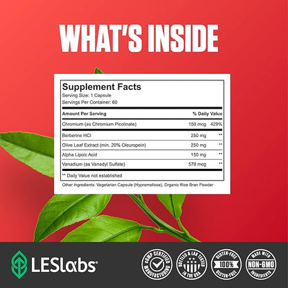 LES Labs Insulin Health – Metabolic Health and Support, Lipid & Carbohydrate Metabolism – Berberine, Chromium, Olive Leaf, Alpha Lipoic Acid & Vanadium – Non-GMO Supplement – 60 Capsules