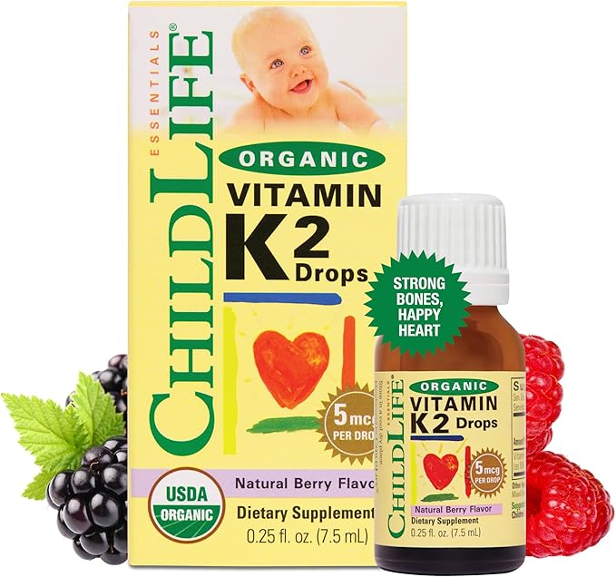 CHILDLIFE Essentials Organic Vitamin K2 Drops - Infant Toddler Baby Vitamin K, K2 Supplement, Vitamin K2 MK7, Liquid K2, Vitamin K Drops - Natural Berry Flavor, 0.25 Fl Oz (Pack of 1)