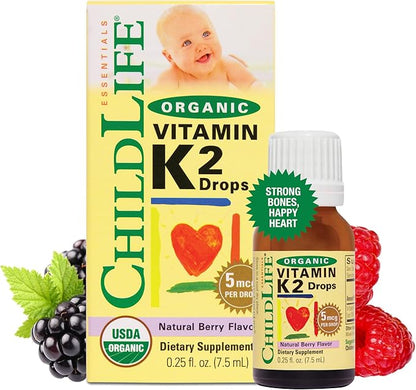 CHILDLIFE Essentials Organic Vitamin K2 Drops - Infant Toddler Baby Vitamin K, K2 Supplement, Vitamin K2 MK7, Liquid K2, Vitamin K Drops - Natural Berry Flavor, 0.25 Fl Oz (Pack of 1)
