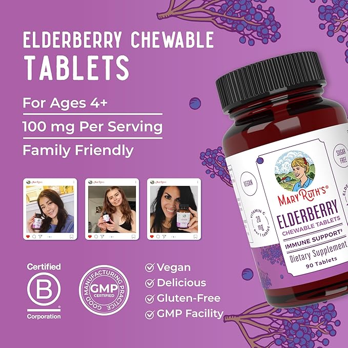 MaryRuth Organics Elderberry Vitamin C Chewable Tablets | Sambucus nigra | Black Elderberry for Immune Support | 3 Month Supply | Gluten Free | Non-GMO | 90 Servings