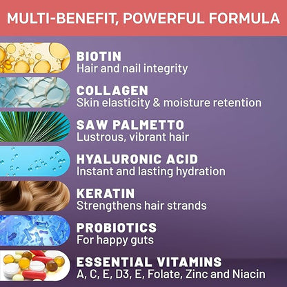 27-in-1 Hair Skin and Nails Vitamins (6810mg) w/Biotin 10000mcg - Biotin and Collagen Supplements for Men and Women - Hair Growth Vitamins, Keratin Supplements with Probiotics and Saw Palmetto, 90ct