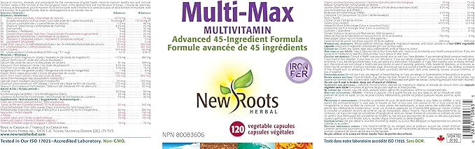New Roots | Maximum Multi Vitamin and Minerals Supplement | 45 Ingredients: D3, Calcium, Green Tea, Bee Pollen, chlorella, spirulina Coenzyme Q10, Quercetin and More (120 Capsules)