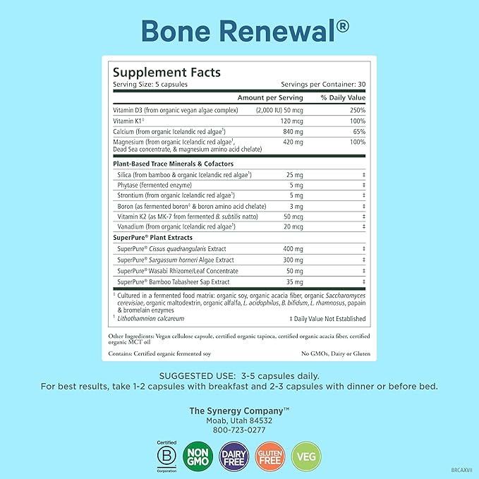 PURE SYNERGY Bone Renewal | Bioavailable Calcium with Cofactors | Natural, Vegan Bone Health Supplement with Vitamin D3, K2, Magnesium, & Boron | for Bone Strength & Mobility (150 Capsules)