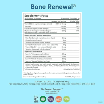 PURE SYNERGY Bone Renewal | Bioavailable Calcium with Cofactors | Natural, Vegan Bone Health Supplement with Vitamin D3, K2, Magnesium, & Boron | for Bone Strength & Mobility (150 Capsules)