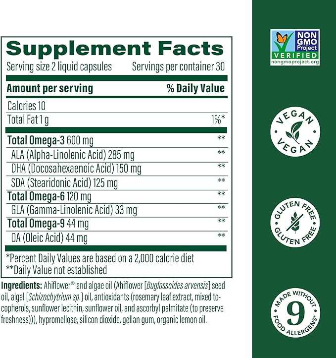 MegaFood Vegan Omega 3 6 9 - Burp-less Omega 3 Supplement - 600 mg Plant-Based Omega-3 & 150 mg DHA Per Serving - Heart, Brain, Vision & Joint Support - Fish Oil Alternative - 60 Capsules, 30 Servings