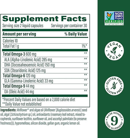 MegaFood Vegan Omega 3 6 9 - Burp-less Omega 3 Supplement - 600 mg Plant-Based Omega-3 & 150 mg DHA Per Serving - Heart, Brain, Vision & Joint Support - Fish Oil Alternative - 60 Capsules, 30 Servings