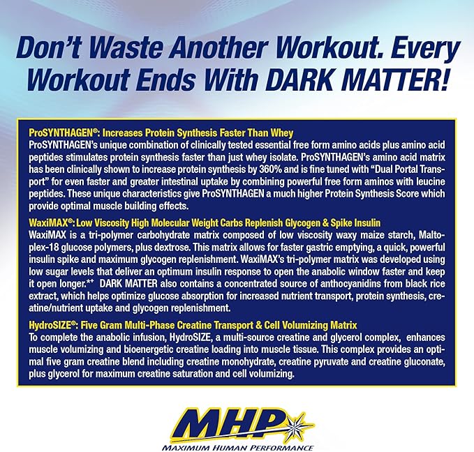 MHP Dark Matter Post Workout, Recovery Accelerator, w/Multi Phase Creatine, Waxy Maize Carbohydrate, 6g EAAs, Fruit Punch, 20 Servings, 55 Oz
