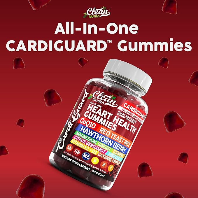 Coq10 Gummies | Red Yeast Rice Hawthorn Berry Ginger Turmeric Citrus Bergamot Hibiscus Vitamin K2+D3 Magnesium Glycinate Cayenne Pepper Fenugreek Orange Flavor CardiGuard by Clean Nutra