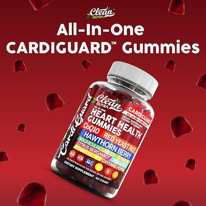 Coq10 Gummies | Red Yeast Rice Hawthorn Berry Ginger Turmeric Citrus Bergamot Hibiscus Vitamin K2+D3 Magnesium Glycinate Cayenne Pepper Fenugreek Orange Flavor CardiGuard by Clean Nutra