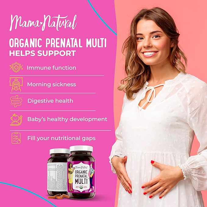 Mama Natural Organic Prenatal Vitamins For Women Vegan (30 Servings) | One A Day Prenatal Vitamins For Pregnant Women | Food Based, Non-gmo & Gluten-free - Pre Natal Multivitamin For Women With Folate