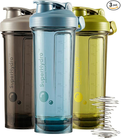 Super Hydro Protein Shaker Bottle [3 PACK] - 28 Oz. BPA-Free, Non-Toxic, Durable, Leak Proof, Eco-Tritan, Best for Travel, Sports, Gym Fitness for Men & Women (Midnight Blue, Moss Marvel, Shadow Mist)