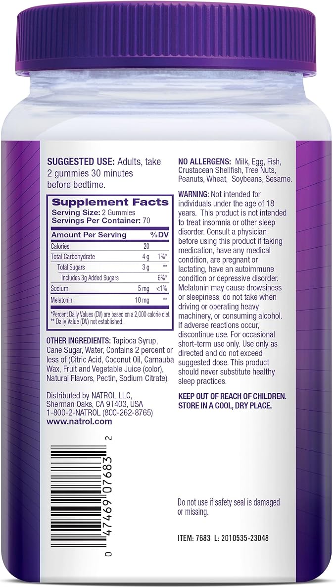 Natrol Melatonin Gummies, Sleep Support for Adults, 10 mg Melatonin Supplement for Sleeping, 140 Strawberry-Flavored Gummies, Up to a 70 Day Supply