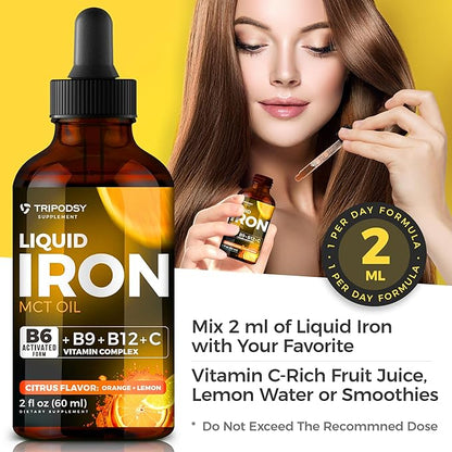 Liquid Iron Supplement for Women and Men - Iron Drops with B6, B9, B12, Vitamin C, Iron Vitamin for Anemia, Blood Builder, Folate for Red Blood Cell and Immune Support MCT Oil (2 Fl Oz, Citrus)
