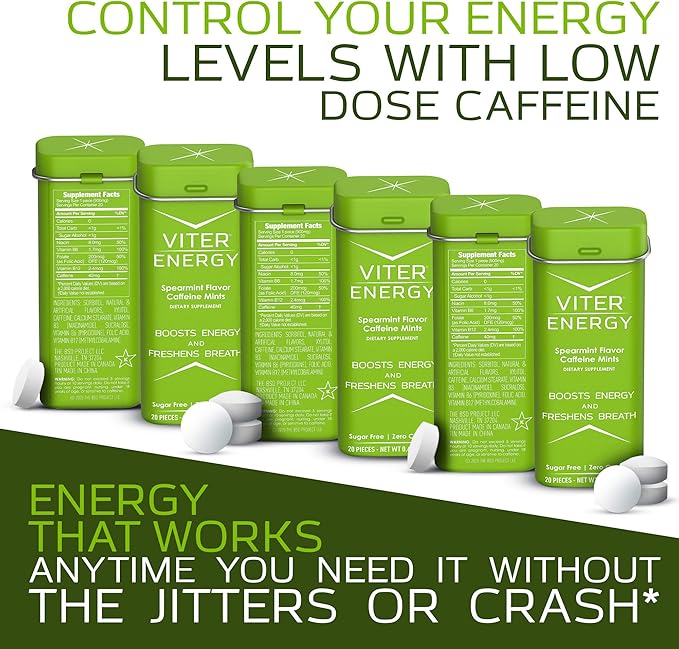 Viter Energy Caffeine Mints (120 Pieces) - 40mg Caffeine, Sugar Free, Vegan Breath Mints, B Vitamin Complex, Energy Caffeine Pills (Spearmint, 6 Pack)