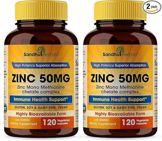 Sandhu Herbals Zinc 50mg Supplement for Men & Women| High Absorption Zinc Monomethionine Complex 120 Capsules (Pack of 2)| Zinc Supplements for Immune, Acne & Antioxidant Support