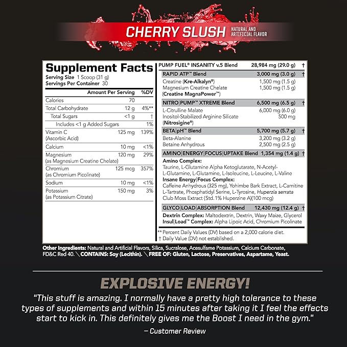 PMD Sports Ultra Pump Fuel Insanity - Pre Workout Drink Mix for Energy, Strength, Endurance, Recovery - Complex Carbohydrates and Amino Energy - Cherry Slush (30 Servings)
