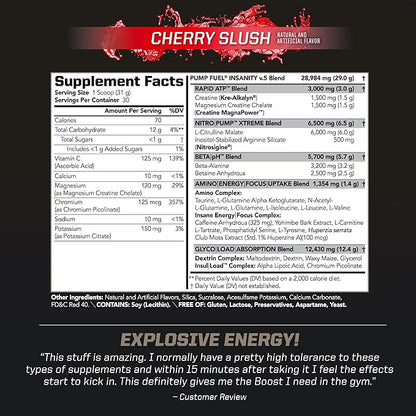 PMD Sports Ultra Pump Fuel Insanity - Pre Workout Drink Mix for Energy, Strength, Endurance, Recovery - Complex Carbohydrates and Amino Energy - Cherry Slush (30 Servings)