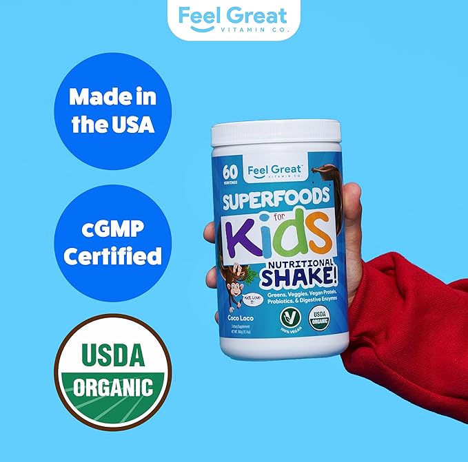 Kids Organic Super Greens Powder with Fruits & Veggies - All-In-One Kids Multivitamin made from Real Plants - No Synthetic Vitamins, No Fillers or Binders, No Sugar Added.