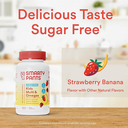 SmartyPants Kids Multivitamin Gummies, Sugar Free: Omega 3 (ALA), Vitamin D3, C, Vitamin B12, B6, Vitamin A, K & Zinc for Immune Support, Erythritol Free, Strawberry Banana, 44 Count (22 Day Supply)