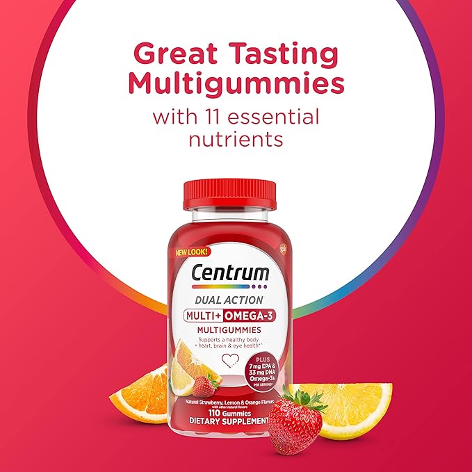 Centrum MultiGummies Multi+ Omega 3 Dual Action, Adult Multivitamin, Multivitamin/Multimineral/Omega 3 Supplement, Strawberry/Lemon/Orange Flavors - 110 Count (Pack of 5)