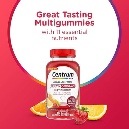 Centrum MultiGummies Multi+ Omega 3 Dual Action, Adult Multivitamin, Multivitamin/Multimineral/Omega 3 Supplement, Strawberry/Lemon/Orange Flavors - 110 Count