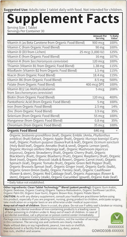 Garden of Life Organics Multivitamin for Women - Women's Once Daily Multi - Whole Food Multi with Iron, Biotin, Vegan Organic Womens Multivitamin for Health, Energy Hair Skin and Nails, 30 Tablets