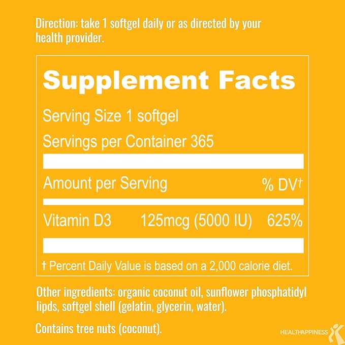 UpNourish Liposomal Vitamin D3 5000 IU Softgels - 1 Year Supply | Organic Coconut Oil Infused Vitamin D Supplements - Support Bone, Dental, Heart, Mood & Immune Health - Non GMO Gluten Free - 365 ct