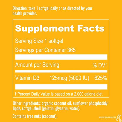 UpNourish Liposomal Vitamin D3 5000 IU Softgels - 1 Year Supply | Organic Coconut Oil Infused Vitamin D Supplements - Support Bone, Dental, Heart, Mood & Immune Health - Non GMO Gluten Free - 365 ct