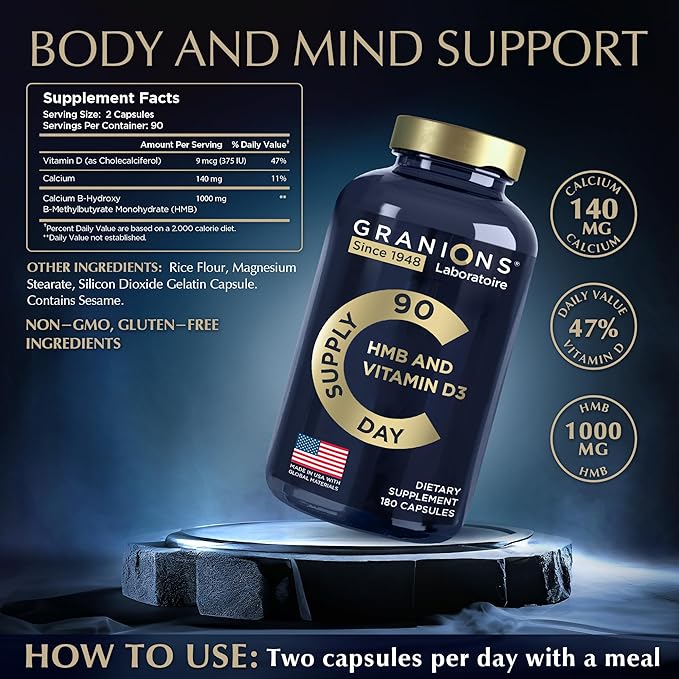 HMB and Vitamin D3 Supplement - Muscle Recovery, Beta Hydroxy Butyrate Pre Workout Muscle Builder, Mass Gainer - 1000 MG HMB Supplements With D3 and Calcium - 360 HMB Capsules , 6-Month Supply