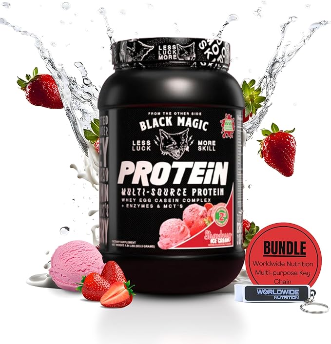 Worldwide Nutrition Bundle Compatible with Black Magic Protein Powder - Multi-Source Protein Whey, Egg & Casein Complex with Enzymes & MCT- 2LB Strawberry Ice Cream Flavor with Multi-Purpose Keychain