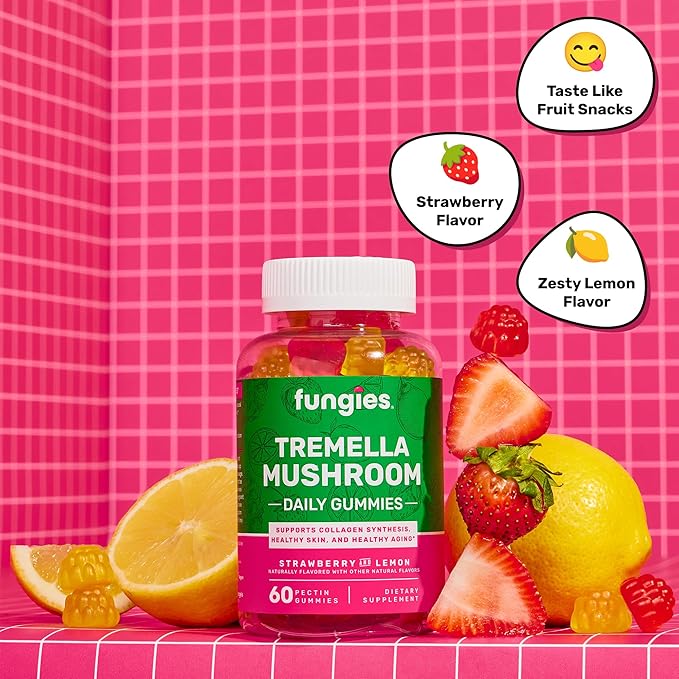 Fungies Tremella Mushroom Gummies, Mixed Strawberry & Lemon Flavor - Mushroom Herbal Supplement Gummy for Adults Supports Collagen Synthesis, Healthy Skin & Healthy Aging - Beauty Gummies 60 Servings