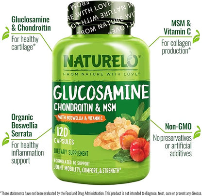 NATURELO Glucosamine Chondroitin MSM with Boswellia and Vitamin C - Joint Support Supplement - 120 Capsules