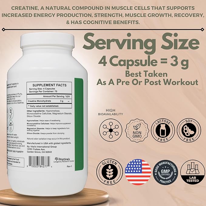 PRISTINE'S Creatine Monohydrate Capsules for Women & Men - No Bloat 75 Day Supply 3G Muscle Growth Support Supplement - Cognitive & Athletic Performance Support - Enhanced Recovery