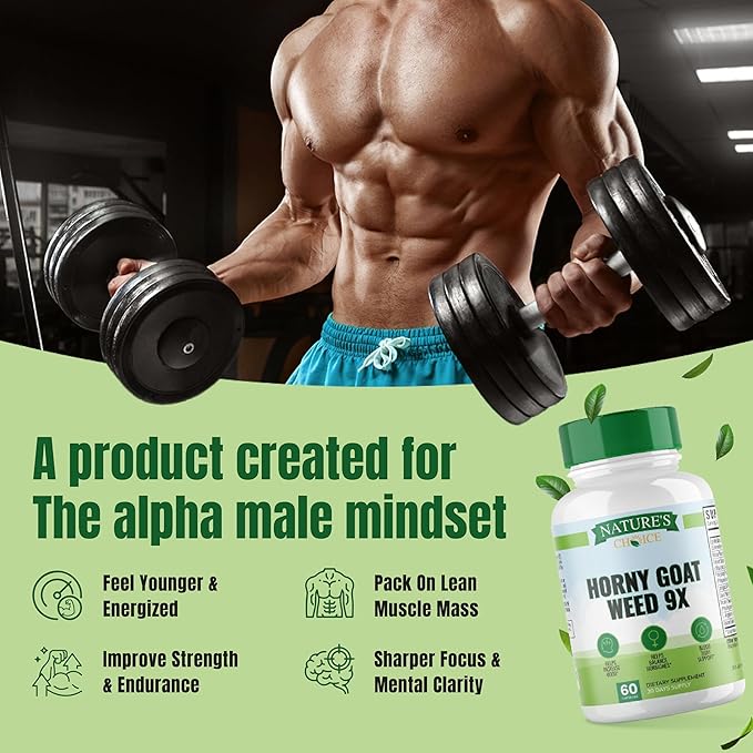 Nature's Choice - Horny Goat Weed 9x Active Ingredients for Blood Flow, Hormone Balance, Energy & Stamina - L-Arginine, Longjack, Saw Palmetto + 6 More Ingredients - 3rd Party Tested - 60 Capsules