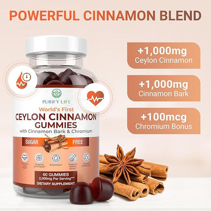 Sugar-Free Ceylon Cinnamon Gummies (2,000mg/Serving) Joint Pain Support Cinnamon Supplement & Brain Health, Vegan, Gluten-Free, Replace Ceylon Cinnamon Capsules, Pills, Powder Extract 60 Chews