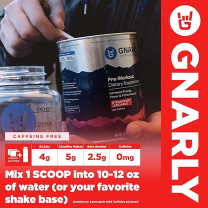 Gnarly Nutrition Natural Pre-Workout Powder - Caffeine Free Pre Workout, NSF Contents Certified, Endurance & Recovery, Sports Nutrition Wellness, -Strawberry Lemonade, 14.82oz