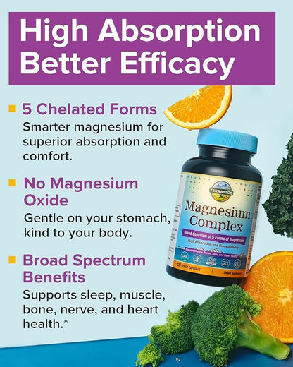 Terranics 5-in-1 Magnesium Complex Supplement 500mg - 5 Forms High Absorption Magnesium Glycinate Citrate Malate Aspartate Gluconate - Non-GMO 120 Vegan Magnesio Capsule for Sleep Muscle Heart Health
