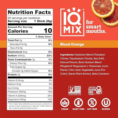 IQMIX Sugar Free Electrolytes Powder Packets - Hydration Supplement Drink Mix with Keto Electrolytes, Lions Mane, Magnesium L-Threonate, and Potassium Citrate - Blood Orange (20 Count)