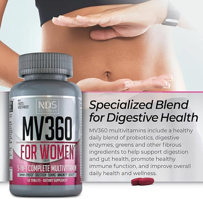 NDS Nutrition MV360 For Women, 5-in-1 Complete Multivitamin for Women with Essential Women’s Vitamins for Energy, Digestion, Toning, Immune Support, & Women’s Health & Beauty, 60 Tablets, 30 Servings